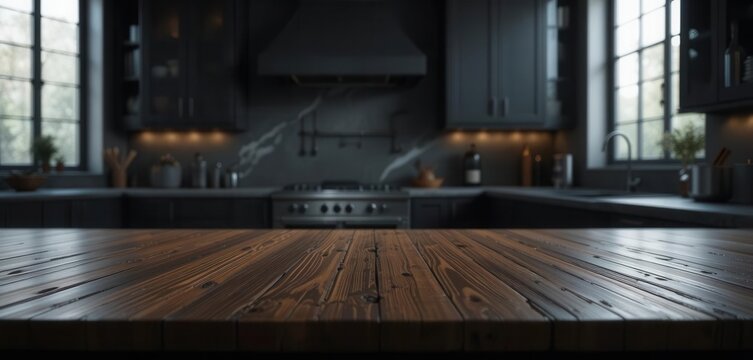 Sophisticated Product Display  Dark Kitchen Scene with Emphasis on Wood Texture