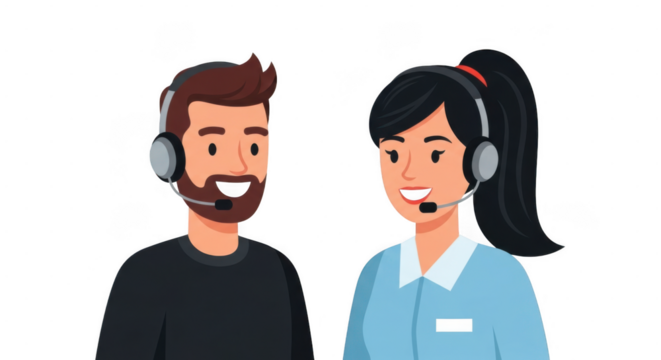A friendly male and female customer service representative wearing headsets, smiling and ready to assist isolated on transparent background