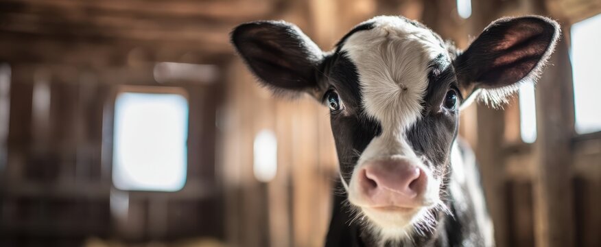 The calf in a rustic barn with soft lighting and curious expressive eyes
