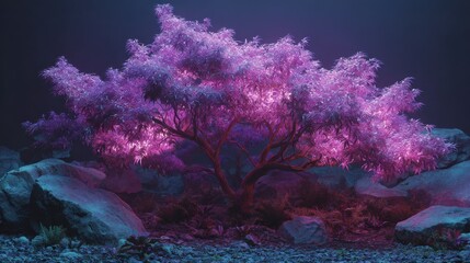 Fototapeta premium glowing magical pinkish purple weed or pot tree in wonderland 