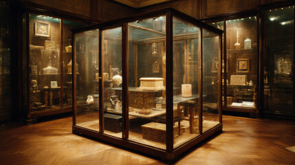 Elegant display case filled with antique artifacts and sculptures under soft lighting in a historical exhibition space with wooden flooring and ornate decor.