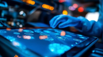 Gloved hand interacting with a tablet displaying digital fingerprints - Powered by Adobe