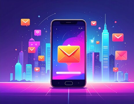 Modern phone with email notifications in a futuristic city