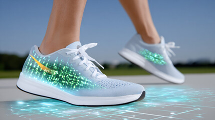 Modern running shoes with glowing digital effects symbolizing phygital technology in motion. close-up