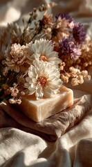 Luxurious natural soap bar rests beside delicate pastel flowers bathed in soft, warm sunlight, evoking purity and gentle skincare.