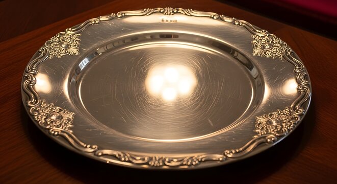 Elegant silver serving plate with intricate embossed floral details - Powered by Adobe