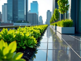 Rooftop garden with green plants and city skyscrapers under clear sky, showcasing urban nature.
