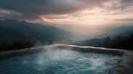 Naklejka premium Serene outdoor hot spring tub overlooking misty mountains at sunset