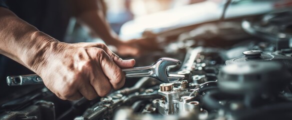 The mechanic tightening a car engine bolt with a wrench in the workshop