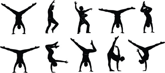 Breakdance silhouette set, acrobatic dance poses, urban movement illustration, dynamic figure reference, black outline, energetic motion, street style art