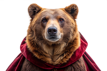Close-up portrait of a brown bear wearing a red velvet cape grizzly bear animal cutout PNG isolated on a transparent background