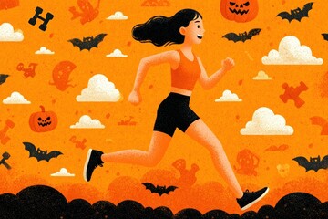 Woman running with halloween themed elements like pumpkins, bats, dumbbells, and shoes in background pattern