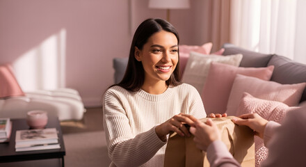 Delighted Woman Receiving Package In Her Living Room Illuminated By Gentle Sunlight