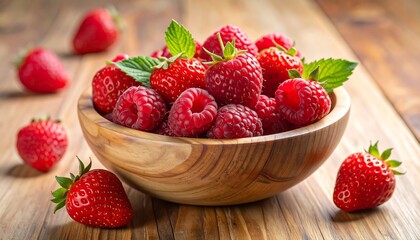 Fresh berries in a wooden bowl on a rustic table