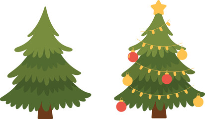 Christmas tree illustration, plain and decorated festive tree comparison with ornaments star lights green layout, holiday vector clipart artwork design