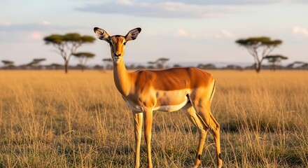 Elegant impala gazelle standing tall in the golden african grassland