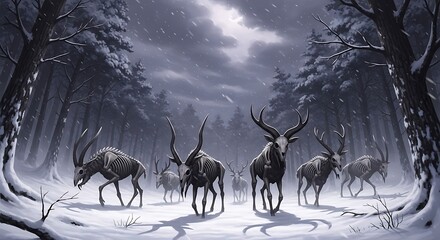 Ethereal herd of skeletal deer traversing a snowy winter forest landscape