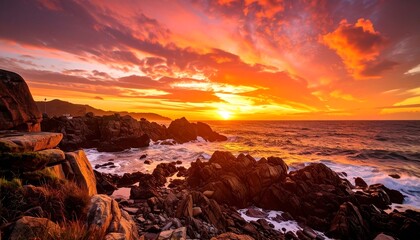 Dramatic sunset over rocky coast