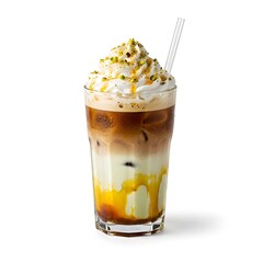 Delicious iced caramel macchiato with whipped cream and drizzle in a tall glass