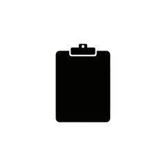 A simple black silhouette icon of a clipboard isolated on a clean white background.