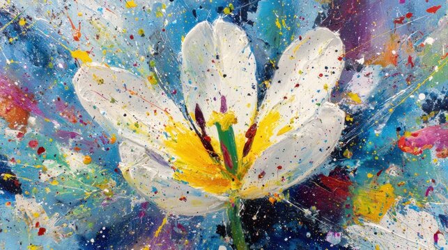Vibrant white tulip on a colorful abstract background