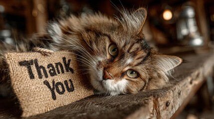 Maine Coon cat holds "Thank You" sign, fluffy paws and soft eyes, gratitude in furry charm.
