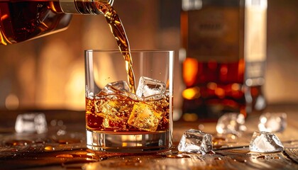 Whiskey pouring into a glass with ice cubes, a refreshing alcoholic beverage creation