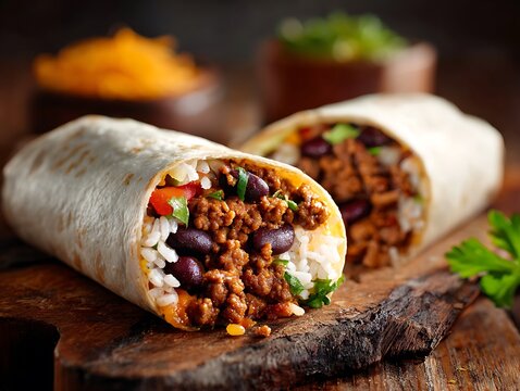 Delicious beef burrito close up mexican food savory lunch dinner authentic cuisine