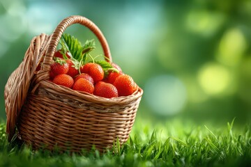 Fresh, ripe strawberries overflowing in a wicker basket placed on green grass, evoking the essence of summer and healthy eating, with a natural, blurred background.