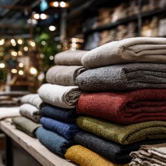 Stacked colorful fabrics on wooden shelf