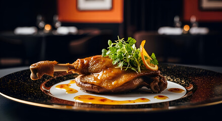 Exquisite Duck Confit Dish Served on a Decorative Plate in a Fine Dining Restaurant