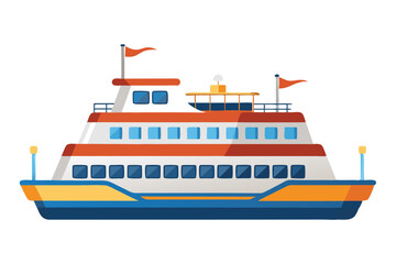 Fototapeta premium Ferryboat features white and orange decks with numerous windows and is ready to transport