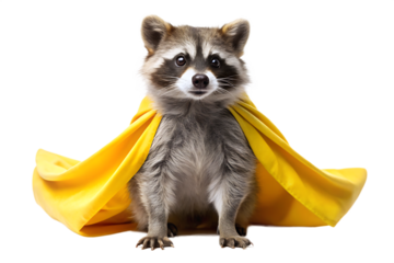 A raccoon wearing a bright yellow superhero cape sits facing forward animal cutout PNG isolated on a transparent background