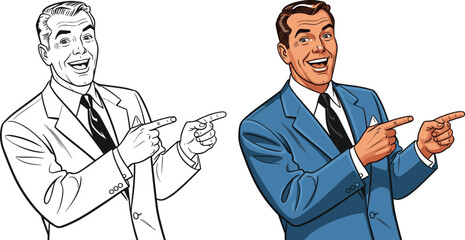 Businessman pointing illustration, cartoon style, black and color versions, expressive gesture, suit and tie, white background, character comparison, design set