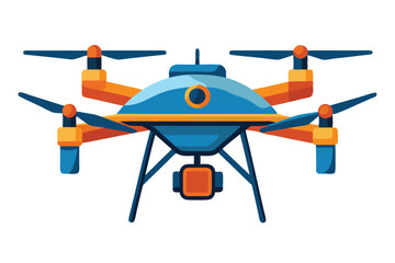 Isolated blue and orange drone showcases symmetrical design with prominent camera on a white backdrop