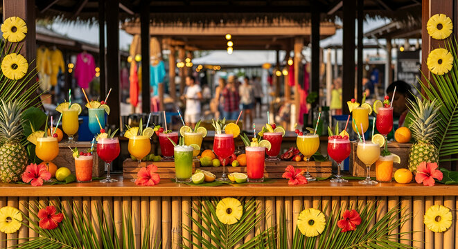 Diverse Tropical Cocktail Concoctions Displayed With Fruit Garnishes at Beachside Bar