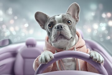 A stylish French Bulldog sits behind the wheel of a classic convertible, donning a pink hoodie, against a blurred city backdrop, exuding charm and coolness.