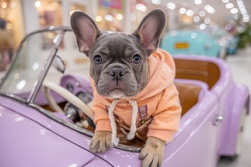 A cute French Bulldog puppy in a peach hoodie driving a lilac toy car, looking directly at the camera with bright eyes, creating a charming, adorable image.