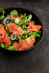 Salmon Salad appetizer seafood fresh fish second course portion size natural product tasty snack fresh delicious gourmet food background on the table rustic top view copy space pescetarian diet