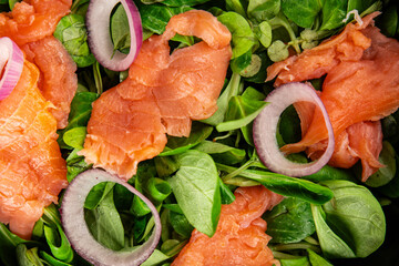 Salmon Salad appetizer seafood fresh fish second course portion size natural product tasty snack fresh delicious gourmet food background on the table rustic top view copy space pescetarian diet