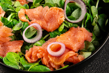 Salmon Salad appetizer seafood fresh fish second course portion size natural product tasty snack fresh delicious gourmet food background on the table rustic top view copy space pescetarian diet