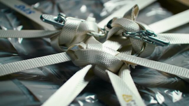 Close-up of straps securing a package for transport and delivery.