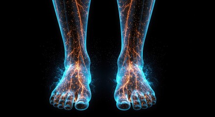Detailed 3d rendering of human legs and feet with glowing blue energy and veins