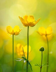 Bright yellow flowers in sunlit meadow