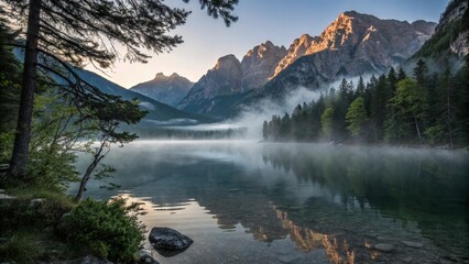 Misty Sunrise over Alpine Lake and Majestic Mountains