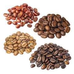 Fototapeta premium Watercolor Collection of coffee beans aromatic roasted coffee beans in various piles isolated on a transparent background