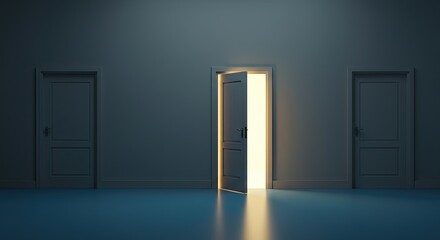 An open door bathed in bright light stands out from two closed doors in a dark room