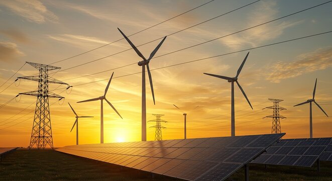 Renewable energy farm with wind turbines and solar panels at sunset with power lines