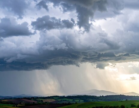 Dramatic storm clouds over rolling hills