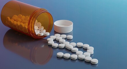 White pills spilled from orange prescription bottle forming a dollar sign on a blue surface